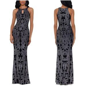NWT Betsy & Adam Black Silver Glitter-Print Formal Gown $395